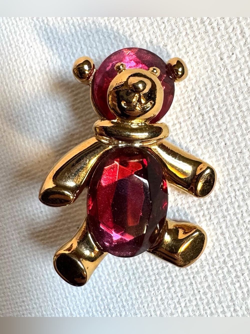 Vtg Gold Tone Teddy Bear Brooch Pink Crystal Rhinestone Figural Kitsch Whimsical